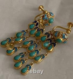 VINTAGE Asian Chinese Export Turquoise 925 Gold Wash STERLING SILVER EARRINGS