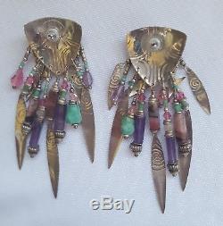 VINTAGE Bold TABRA Turquoise Scarab Sterling Earrings withAmethyst & Assorted Bead