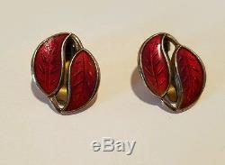 Vintage David Andersen Sterling Silver Red Enamel Leaf Bracelet And Earrings