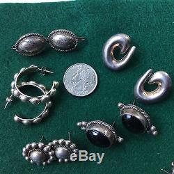 Vintage Handmade Lot Of 27 Pair, Sterling Silver Made In Mexico Earrings