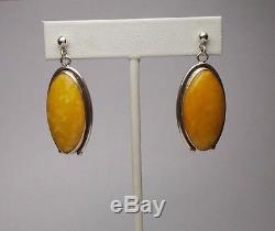 Vintage Large Natural Egg Yolk Baltic Amber Large Dangle Earrings/ 925 Sterling