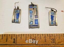 VINTAGE MID CENTURY MODERNIST CARLY WRIGHT STERLING ENAMEL EARRINGS and pendant