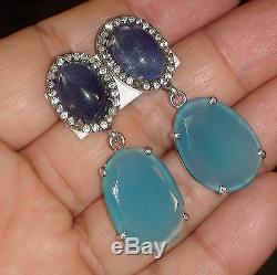 Vintage! Natural Aaa. 15.0 Ct Tanzanite, Chalcedony Earrings 925 Sterling Silver