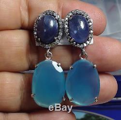 Vintage! Natural Aaa. 15.0 Ct Tanzanite, Chalcedony Earrings 925 Sterling Silver
