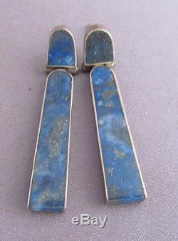 Vintage Old Pawn Navajo 950 Sterling Lapis Hinge Long Dangle Pierced Earrings