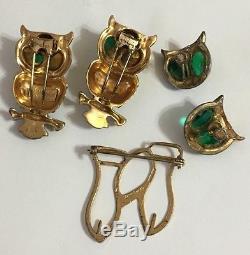 Vintage Rhinestone Enamel Sterling Corocraft Owl Duette Brooch Earring Set Coro