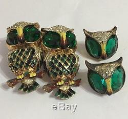 Vintage Rhinestone Enamel Sterling Corocraft Owl Duette Brooch Earring Set Coro