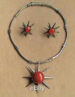 Vintage Salvador Teran Sterling Silver And Coral Necklace And Earring Set