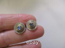 VINTAGE SIGNED MUNOZ 14K GOLD & 925 STERLING with BLUE STONE PIERCED EARRINGS