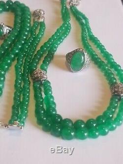 VINTAGE STERLING SILVER 925 2 Green Jade ring 7 & Earrings Bracele 3 tnecklaces