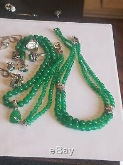 VINTAGE STERLING SILVER 925 2 Green Jade ring 7 & Earrings Bracele 3 tnecklaces
