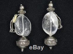 Vintage Sterling Silver Earrings With Large Rock Crystal 2.25