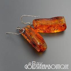 Vintage Sterling Silver Honey Baltic Amber Huge Rock Dangle Hook Earrings