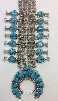 VINTAGE STERLING SILVER TURQUOISE SQUASH BLOSSOM NECKLACE EARRINGS ROAN HORSE NR