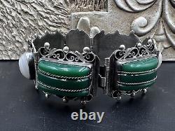 VINTAGE TAXCO 980 STERLING SILVER ETHNIC BRACELET Earrings 71.1g Green Onyx