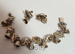 VINTAGE TAXCO Mexico 925 Sterling Silver Holly Bells Bracelet & Earrings