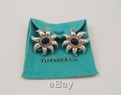 Vintage Tiffany & Co 925 Sterling Silver Lapis Clip On Earrings Sun Design
