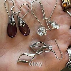 VINTAGE all STERLING SILVER 925 Earrings With Gemstones 44 Pairs Total Estate