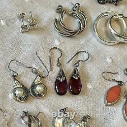 VINTAGE all STERLING SILVER 925 Earrings With Gemstones 44 Pairs Total Estate