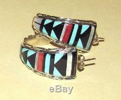 VTG1980s ZUNI CM Booqua TURQUOISE CORAL Inlay STERLING SILVER Hoop EARRINGS