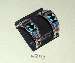 VTG1980s ZUNI CM Booqua TURQUOISE CORAL Inlay STERLING SILVER Hoop EARRINGS