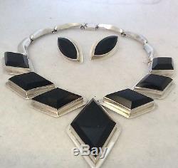 VTG 131g MASSIVE BOLD TAXCO MEXICO MEXICAN STERLING SILVER NECKLACE & EARRINGS