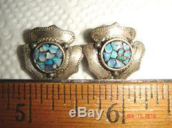 VTG 30's SIGNED CANDIA STERLING SILVER BLUE FIRE OPAL INLAY FLORAL CLIP EARRINGS
