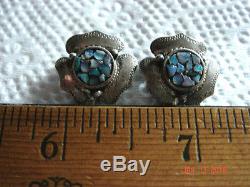 VTG 30's SIGNED CANDIA STERLING SILVER BLUE FIRE OPAL INLAY FLORAL CLIP EARRINGS