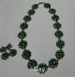 VTG. 925 Sterling Silver Turquoise Necklace Earrings Floral Squash Blossom Set