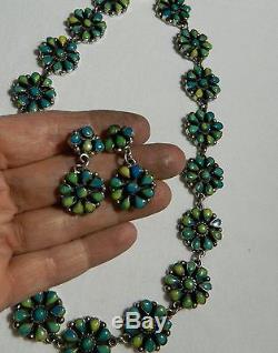 VTG. 925 Sterling Silver Turquoise Necklace Earrings Floral Squash Blossom Set