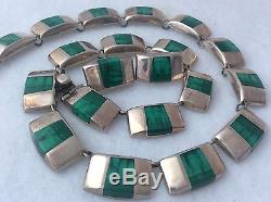Vtg Bold Chunky Malachite Taxco Mexico Mexican Sterling Silver Necklace Earrings