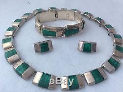 Vtg Bold Chunky Malachite Taxco Mexico Mexican Sterling Silver Necklace Earrings