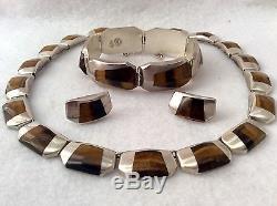 Vtg Bold Tigers Eye Taxco Mexico Mexican Sterling Silver Necklace Earrings Set