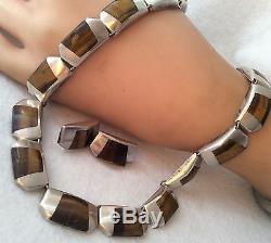 Vtg Bold Tigers Eye Taxco Mexico Mexican Sterling Silver Necklace Earrings Set