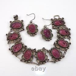 VTG EARLY Taxco Mexico Sterling Silver Carved Face Bracelet Earring Set LHB5