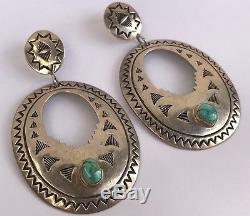 VTG HUGE NAVAJO Repousse Sterling Silver Bisbee TURQUOISE Dangle Concho EARRINGS