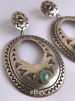 VTG HUGE NAVAJO Repousse Sterling Silver Bisbee TURQUOISE Dangle Concho EARRINGS
