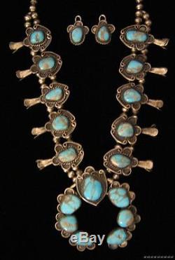 VTG Native Navajo Turquoise Sterling Silver Squash Blossom Necklace Earring Set