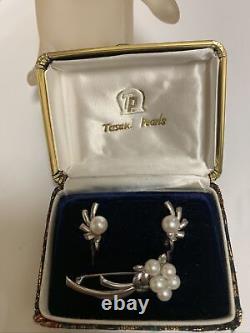 VTG New in Box Tasaki T Mark Sterling Silver Akoya Pearl Earrings Brooch Set
