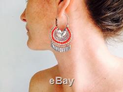 VTG Oaxacan Filigree & Coral Earrings Hoops Sterling Silver Mexico Frida Kahlo