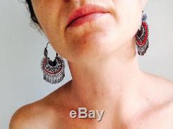 VTG Oaxacan Filigree & Coral Earrings Hoops Sterling Silver Mexico Frida Kahlo