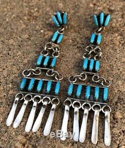 VTG Old Zuni Needle Point Turquoise Sterling Silver Dangle Earrings 3 1/8 Long