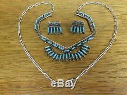 VTG Signed ZUNI NAVAJO STERLING SILVER Needlepoint TURQUOISE Necklace Earrings