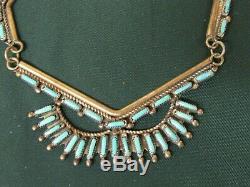VTG Signed ZUNI NAVAJO STERLING SILVER Needlepoint TURQUOISE Necklace Earrings
