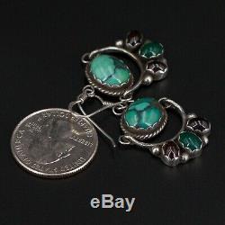 VTG Sterling Silver NAVAJO ZY Braided Turquoise Garnet Dangle Earrings 8.5g