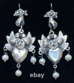 VTG Style Mexican Sterling Silver Hand Love Birds Heart Pearl Charm Earrings
