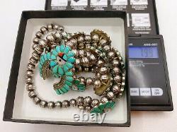 VTG Zuni Sterling Silver Turquoise Sunface Squash Blossom Necklace Earrings #baj