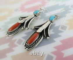 VTG squash blossom sterling silver coral turquoise dangle earrings