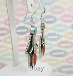 VTG squash blossom sterling silver coral turquoise dangle earrings