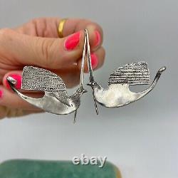 Very Cool Handmade Vintage Mid Century Sterling Silver Bird Earrings Boho Tribal